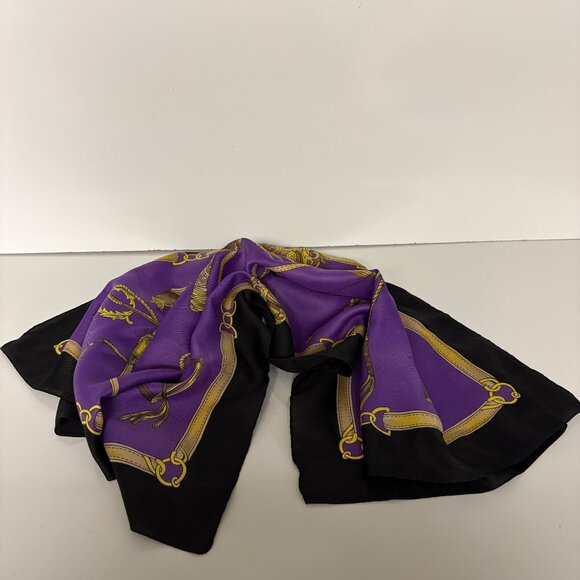 Purple Black Equestrian Square Scarf Gold Stirrups Horn Design Vintage - Picture 5 of 8